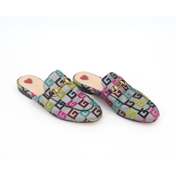 Gucci Womens Princetown Flat Horsebit Mules Embroidered G Logo Multi Color Sz 36